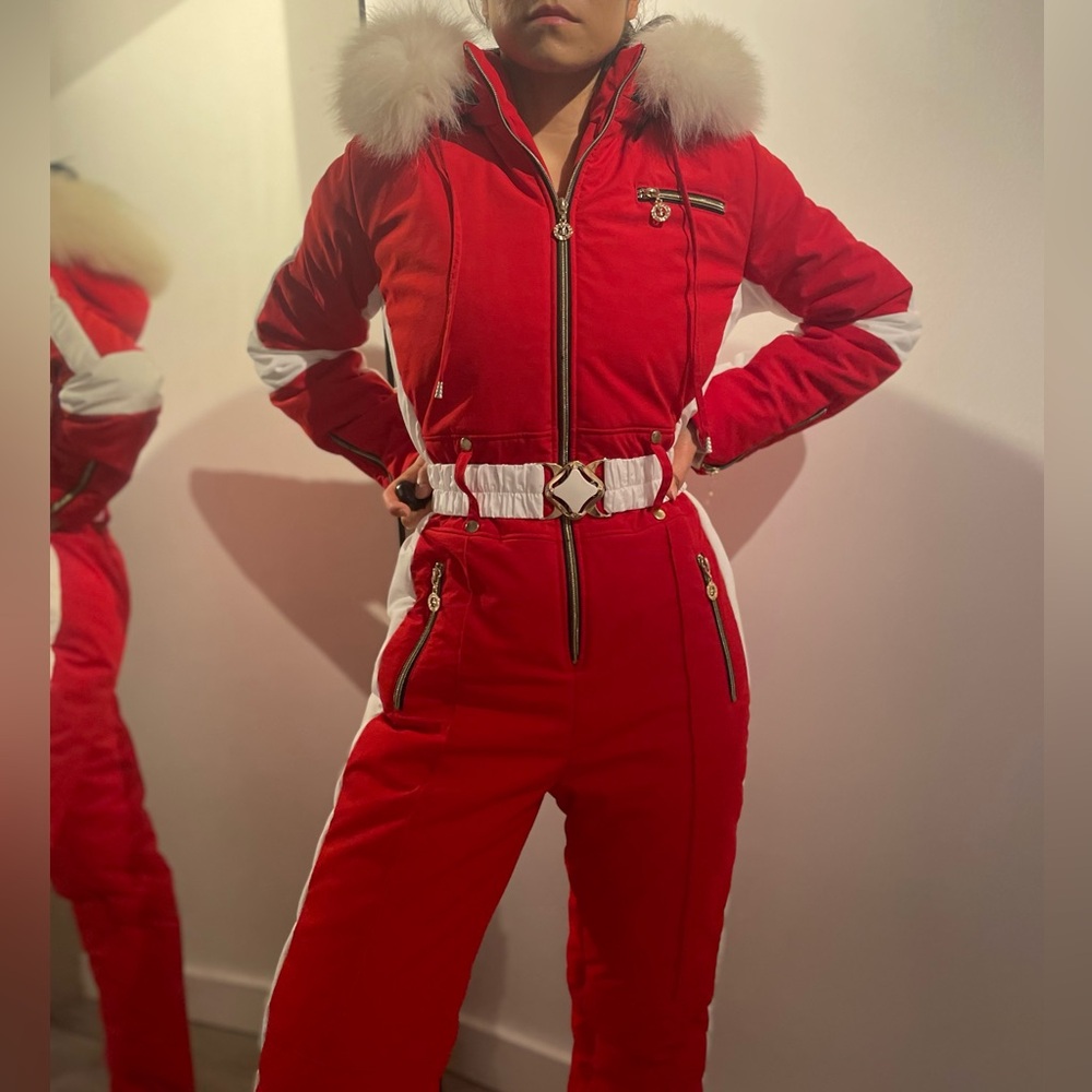 Red and White One Piece Mono Snow Suit